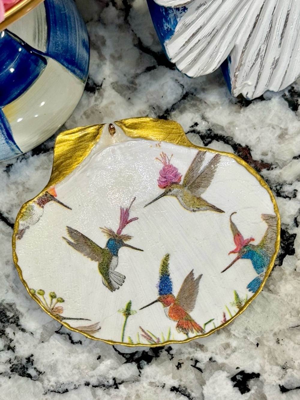 Hand Crafted Hats on Hummingbirds Trinket Shell Dish